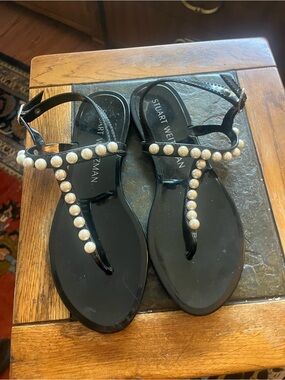 Stuart Weitzman Black Pearl-Trim T-Strap Sandals